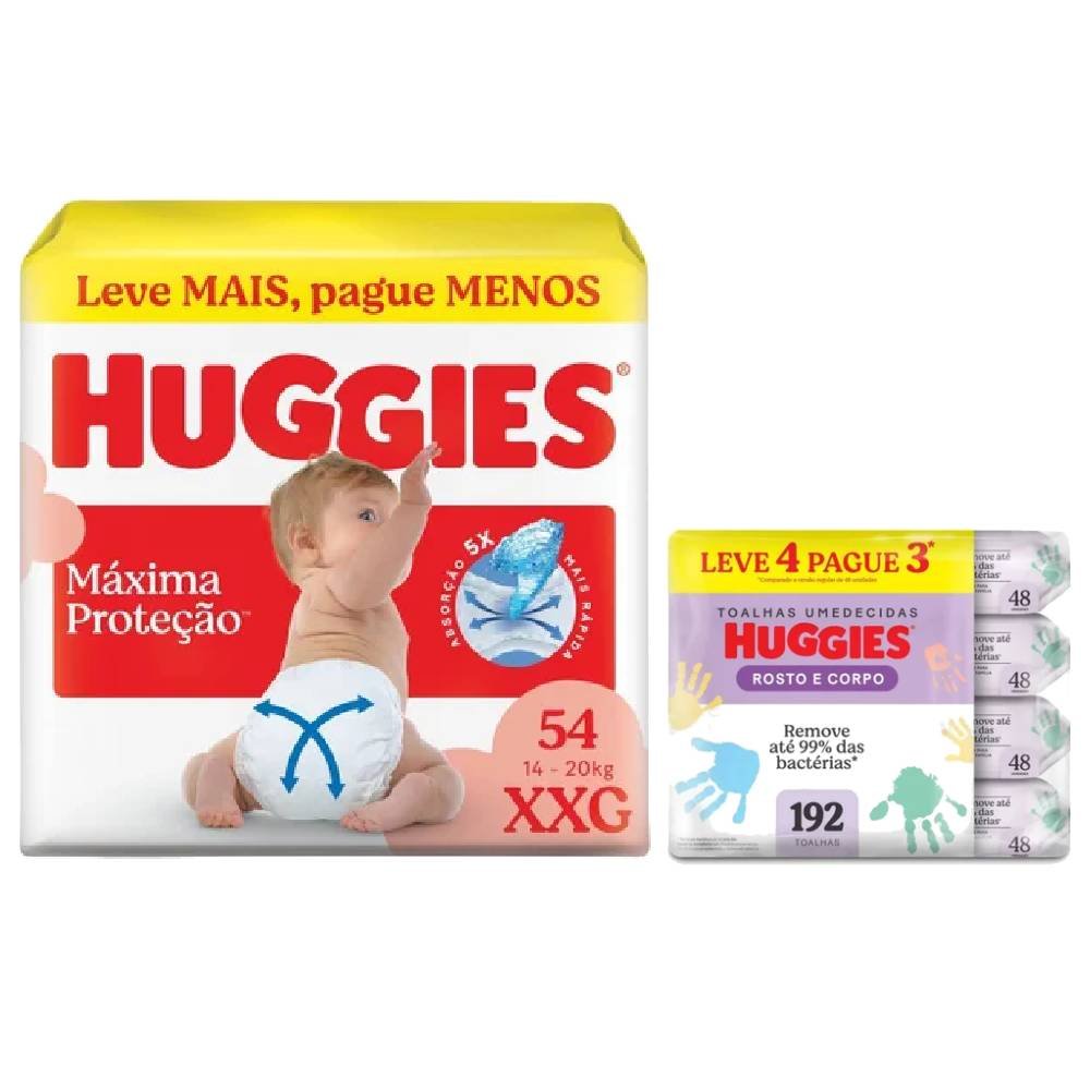 Kit Chá De Fralda Huggies Máxima Proteção Hiper Xxg Com 54 Unidades + Lenços Umedecidos Rosto E Corpo Limpeza Leve 4 Pague 3 192 Unidades