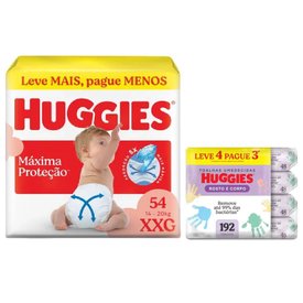 Kit Chá De Fralda Huggies Máxima Proteção Hiper Xxg Com 54 Unidades + Lenços Umedecidos Rosto E Corpo Limpeza Leve 4 Pague 3 192 Unidades