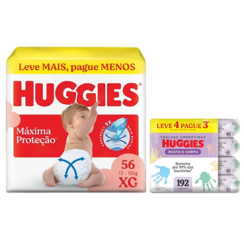Kit Chá De Fralda Huggies Máxima Proteção Hiper Xg Com 56 Unidades + Lenços Umedecidos Rosto E Corpo Limpeza Leve 4 Pague 3 192 Unidades