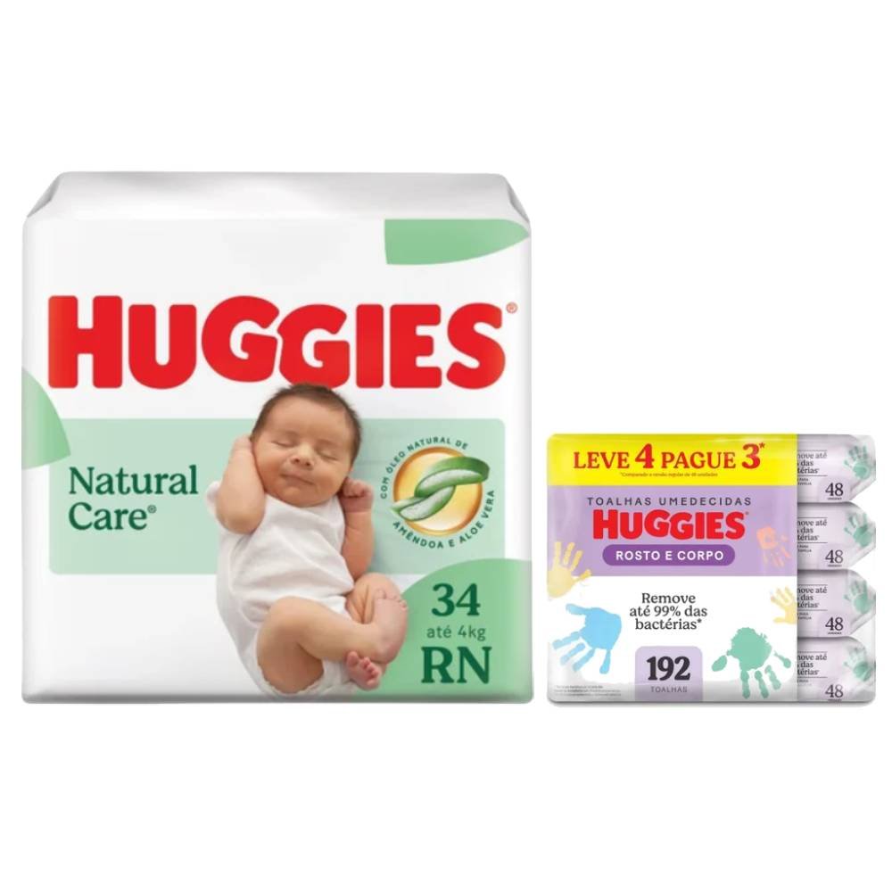 Huggies Premium Natural Care Rn 34 Unidades + Lenços Umedecidos Rosto E Corpo Limpeza Leve 4 Pague 3 192 Unidades