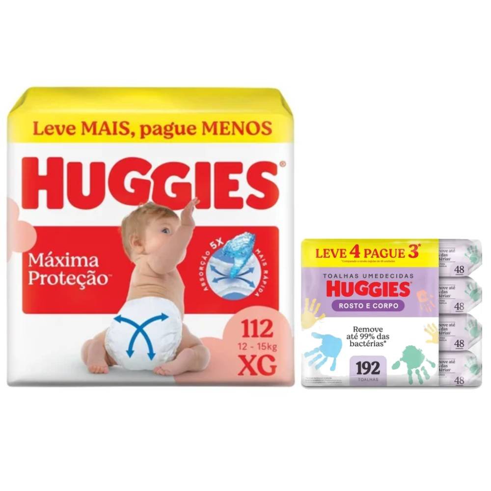 Kit Chá De Fralda Huggies Máxima Proteção Giga Xg Com 112 Unidades + Lenços Umedecidos Rosto E Corpo Limpeza Leve 4 Pague 3 192 Unidades