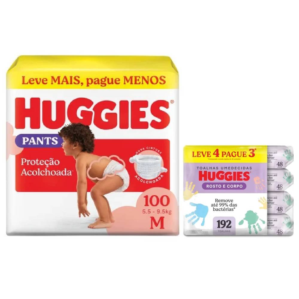 Kit Chá De Fralda Huggies Proteção Acolchoada Pants Max M 100 Unidades + Lenços Umedecidos Rosto E Corpo Limpeza Leve 4 Pague 3 192 Unidades
