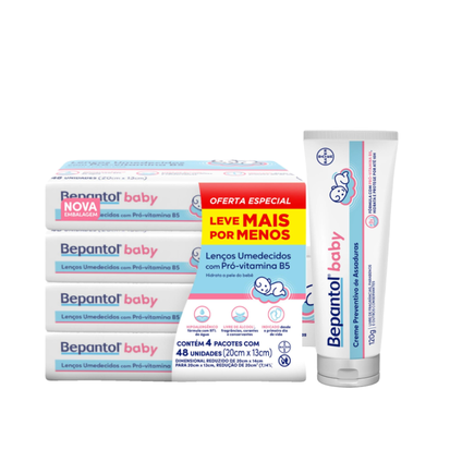 Kit Chá De Fralda Bepantol Kit Lenços Umedecidos Para Bebês Baby Leve 4 Pague 3 Com 48 Unidades Cada + Creme Preventivo De Assaduras Baby 120G