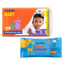 Kit Chá De Fralda Panvel Baby Premium Sec Max G 92 Unidades + Lenços Umedecidos Baby 140 Unidades