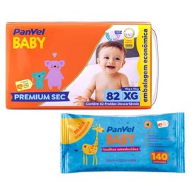 Kit Chá De Fralda Panvel Baby Premium Sec Max Xg Com 82 Unidades + Lenços Umedecidos Baby 140 Unidades