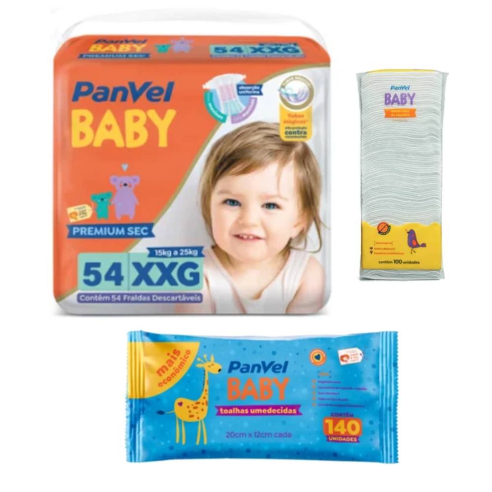 Kit Chá De Fralda Panvel Baby Premium Sec Bag Xxg 54 Unidades + Lenços Umedecidos Baby 140 Unidades + Algodão Quadrado Baby 100 Unidades