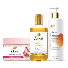 Kit Banho Premium Dove Sabonete Líquido e Óleo De Banho Glicerinado 240Ml + Sabonete Esfoliante Corporal Beauty Scrub 280G + Sérum Hidratante Corporal Niacinamida Uniformizador 380Ml