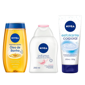 Kit Banho Premium Nivea Sabonete Líquido e Óleo De Banho 200Ml + Sabonete Íntimo 250Ml + Esfoliante Corporal Para Banho 200Ml
