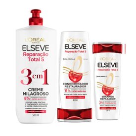 KIt Capilar Elseve Shampoo L'Oréal Paris Reparação Total 5 200Ml + Condicionador 400Ml + Creme Milagroso 500Ml