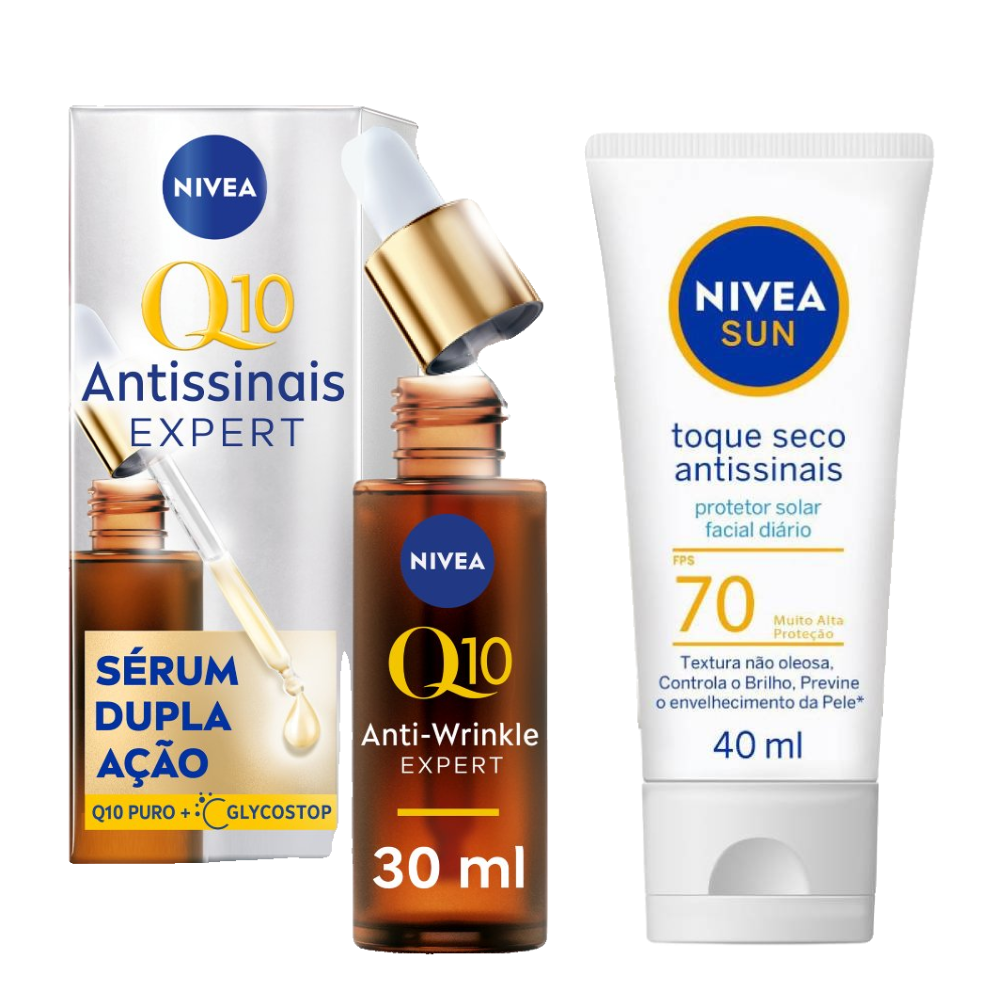 Kit Nivea Sérum Facial Antissinais Q10 Expert Dupla Ação 30ml + Protetor Solar Facial Sun Toque Seco Antissinais Fps70 40ml