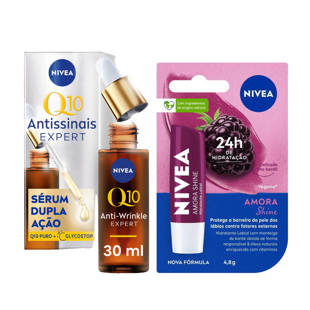 Kit Nivea Sérum Facial Antissinais Q10 Expert Dupla Ação 30ml + Hidratante Labial Amora Shine 4,8g