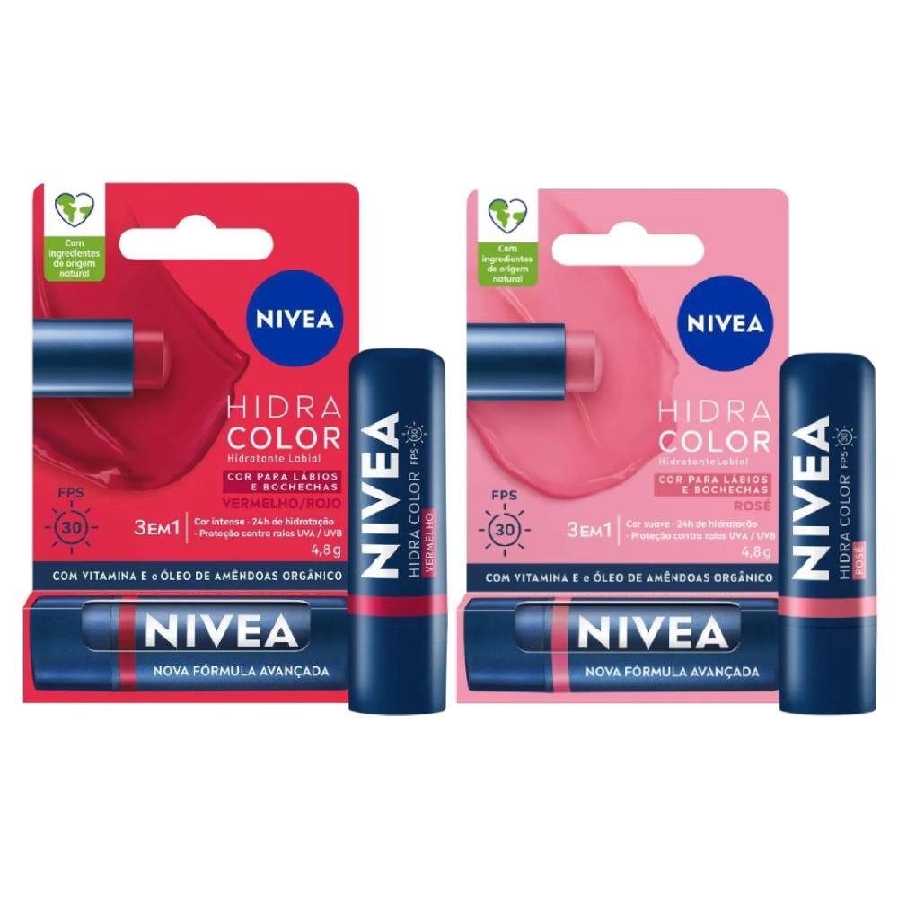 Presente Dia Dos Namorados Nivea Hidratante Labial Hidra Color Vermelho 4,8g + Hidratante Labial Hidra Color Rose Fps30 4,8g