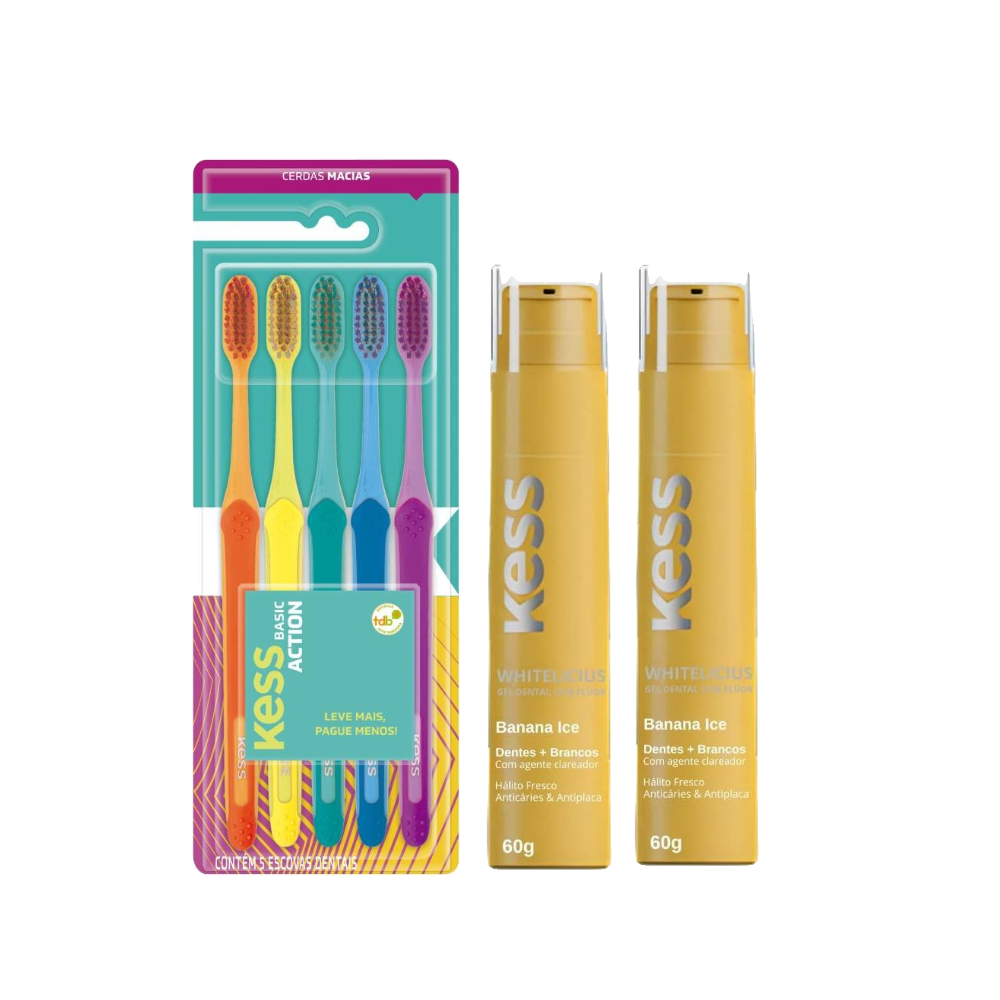 Kit Kess 2 Géis Dentais Whitelicious Banana Ice 60g + Escova Dental Basic Action 5 Unidades