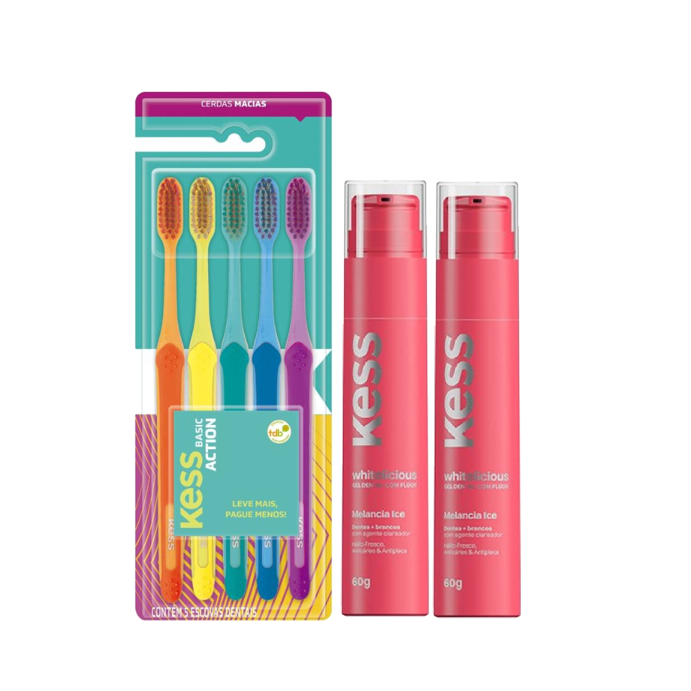 Kit Kess 2 Géis Dentais Whitelicious Melancia Ice 60g + Escova Dental Basic Action 5 Unidades