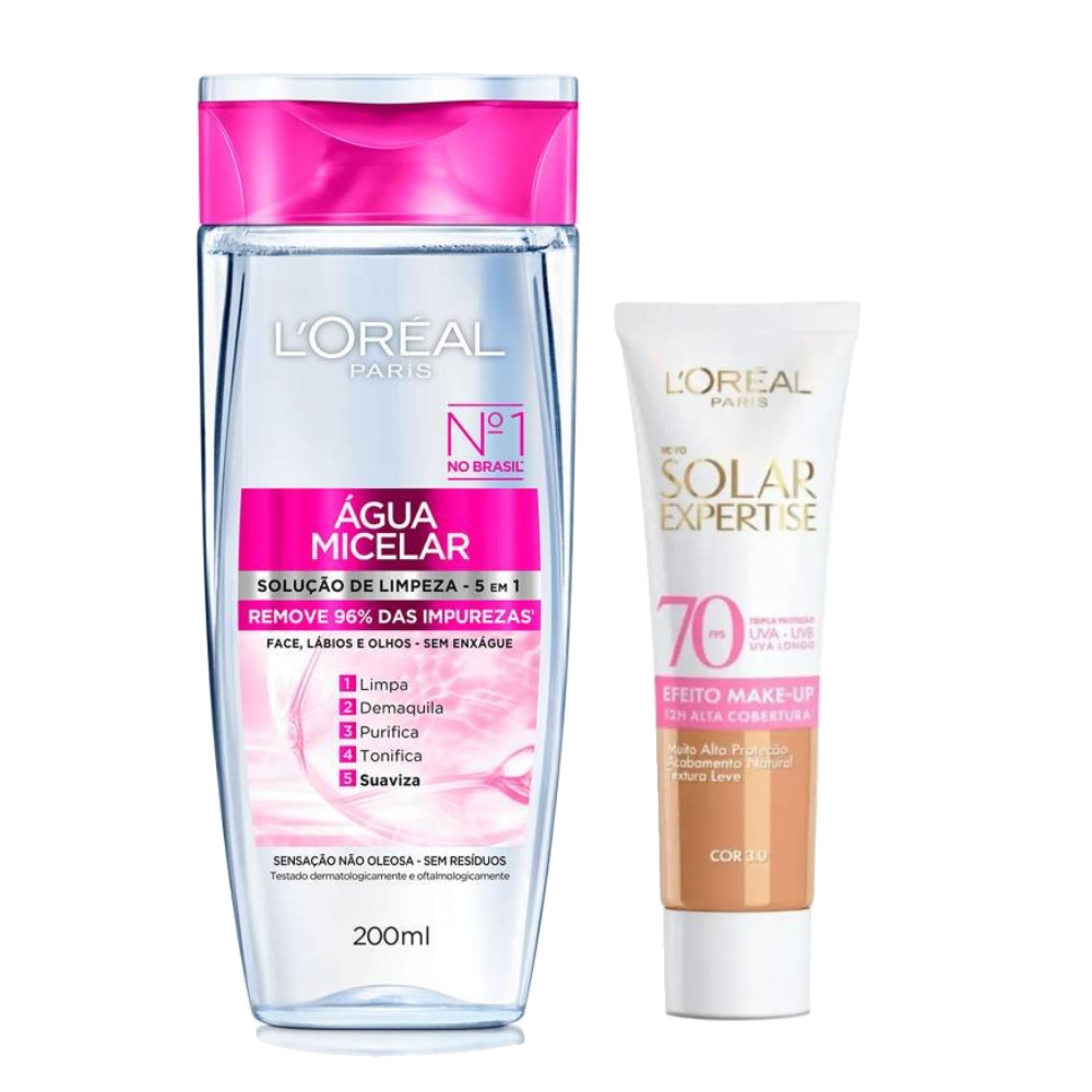 Kit L'oreal Água Micelar L'oréal Paris 5 Em 1 200ml + Protetor Solar Facial Loréal Solar Expertise Make-up 3.0 Fps70 30g