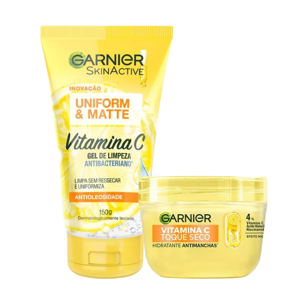 Kit Garnier Gel De Limpeza Facial Antibacteriano Uniform Matte Vitamina C 150ml + Hidratante Facial Uniform Matte Antimanchas Vitamina C 85g