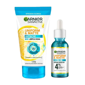 Kit Garnier Gel De Limpeza Antiacne 3 Em 1 Uniform Matte 120G + Sérum Facial Antiacne Uniform Matte 15Ml