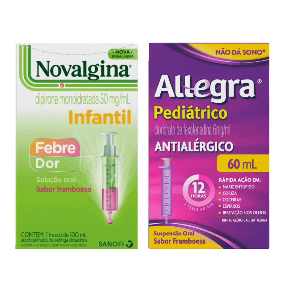 Kit Analgésico E Antitérmico Novalgina Suspensão Infantil Dipirona 50mg/ml Sabor Framboesa 100ml Serin + Antialérgico Allegra Pediátrico 6mg/ml 60ml Com Seringa