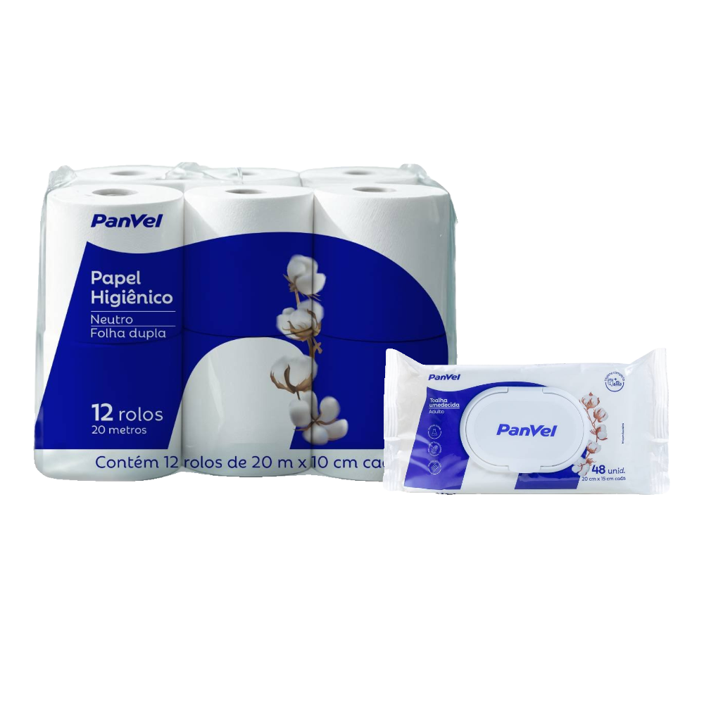 Kit Panvel Papel Higiênico Folha Dupla 12 Rolos 20m Cada + Toalha Umedecida 48 Folhas