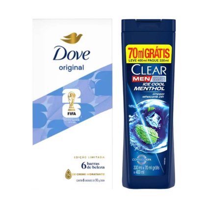 Kit Shampoo Anticaspa Clear Men Ice Cool Menthol Leve 400ml Pague 330ml + Sabonete Em Barra Dove Original 6 Unidades 90g Cada
