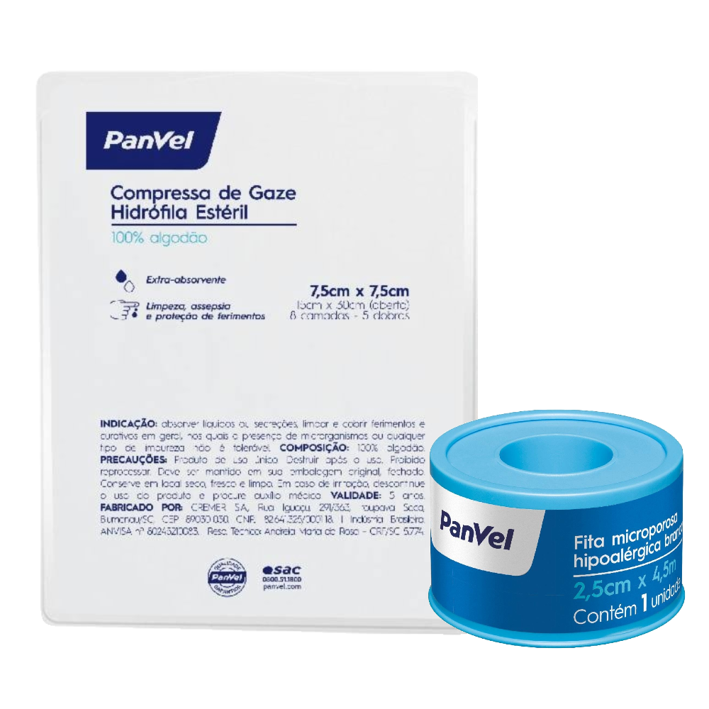 Kit Panvel Compressa Gaze Esteril Com 10 Unidades + Fita Microporosa Hipoalergênica Branca 2,5cm X 4,5m