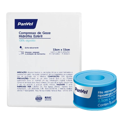 Kit Panvel Compressa Gaze Esteril Com 10 Unidades + Fita Microporosa Hipoalergênica Branca 2,5cm X 4,5m