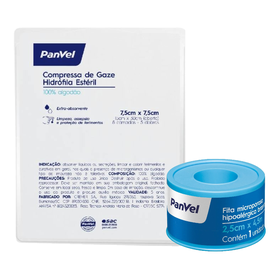 Kit Panvel Compressa Gaze Esteril Com 10 Unidades + Fita Microporosa Hipoalergênica Branca 2,5Cm X 4,5M