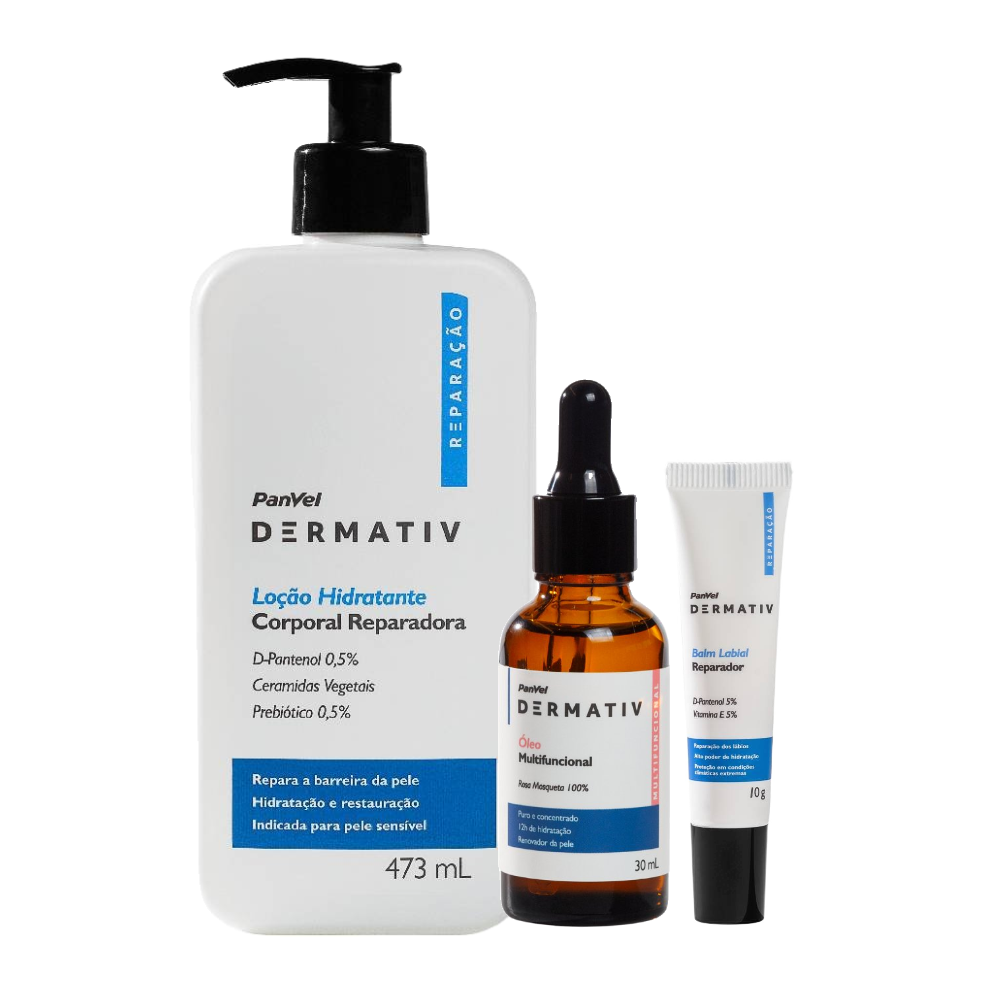 Kit Panvel Hidratante Labial Reparação Dermativ 10g + Loção Hidratante Corporal Dermativ Reparação 473ml + Óleo Facial Rosa Mosqueta 100% Dermativ 30ml