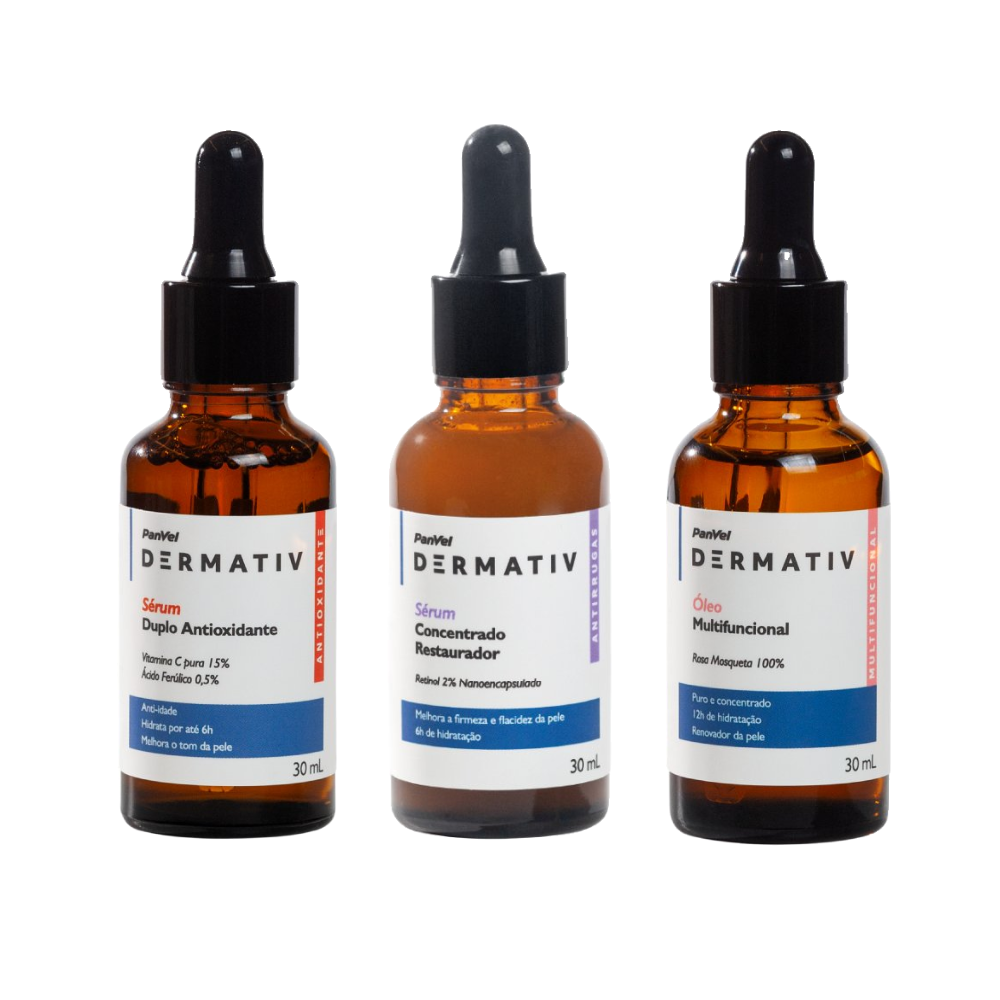 Kit Panvel Sérum Facial Anti Idade Retinol 2% Dermativ 30ml + Óleo Facial Rosa Mosqueta 100% 30ml + Sérum Facial Anti Idade Vitamina C 15% + Ácido Ferúlico 0,5% 30ml