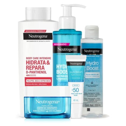 Kit Neutrogena Hydro boost Water Gel 50g + Protetor Solar Facial FPS 50 40ml + Gel Limpeza Facial 300ml + Água Micelar Bifasica 200ml + Hidratante Corporal 400ml