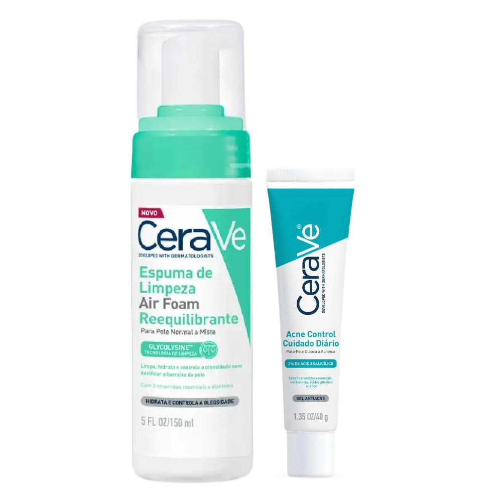 Kit Cerave Espuma De Limpeza Facial Air Foam 148ml + Gel Antiacne 2% Ácido Salicílico Acne Control Pele Oleosa A Acneica 40ml
