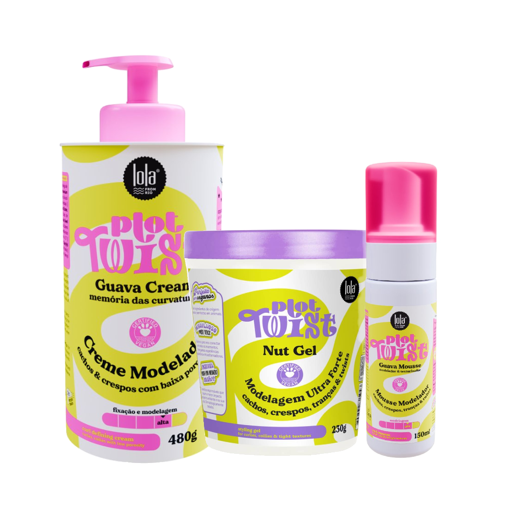 Kit Lola Cosmetics Gel Modelador Capilar Plot Twist Nut 230g + Mousse Modelador Plot Twist Guava Mousse 150 Ml + Creme Modelador Plot Twist Guava Cream 480g
