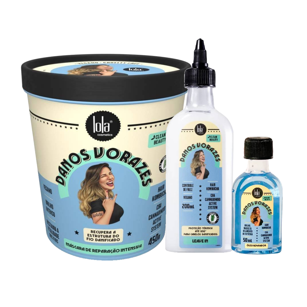 Kit Lola Cosmetics Leave In Capilar Danos Vorazes 200ml + Óleo Reparador Danos Vorazes 50ml + Creme De Tratamento Danos Vorazes 450g