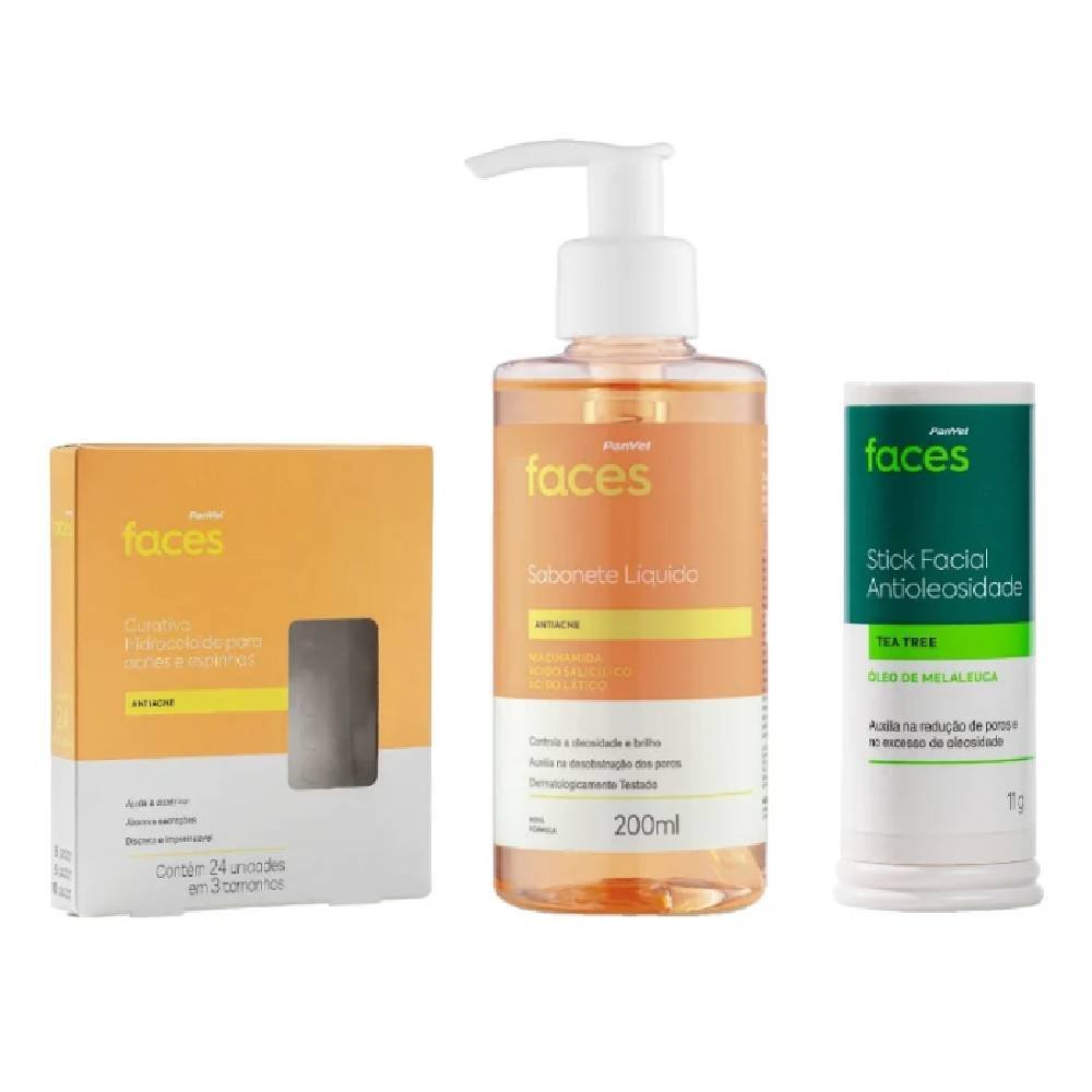 Kit Panvel Faces Antiacne Hidratante Facial Antioleosidade Stick 11g + Sabonete Líquido Facial 200ml + Curativo Secativo Para Acne 24 Unidades