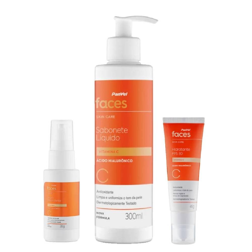Kit Panvel Faces Vitamina C Sabonete Líquido Facial 300ml + Sérum Facial Antioxidante 30g + Hidratante Facial Antioxidante Fps30 45g