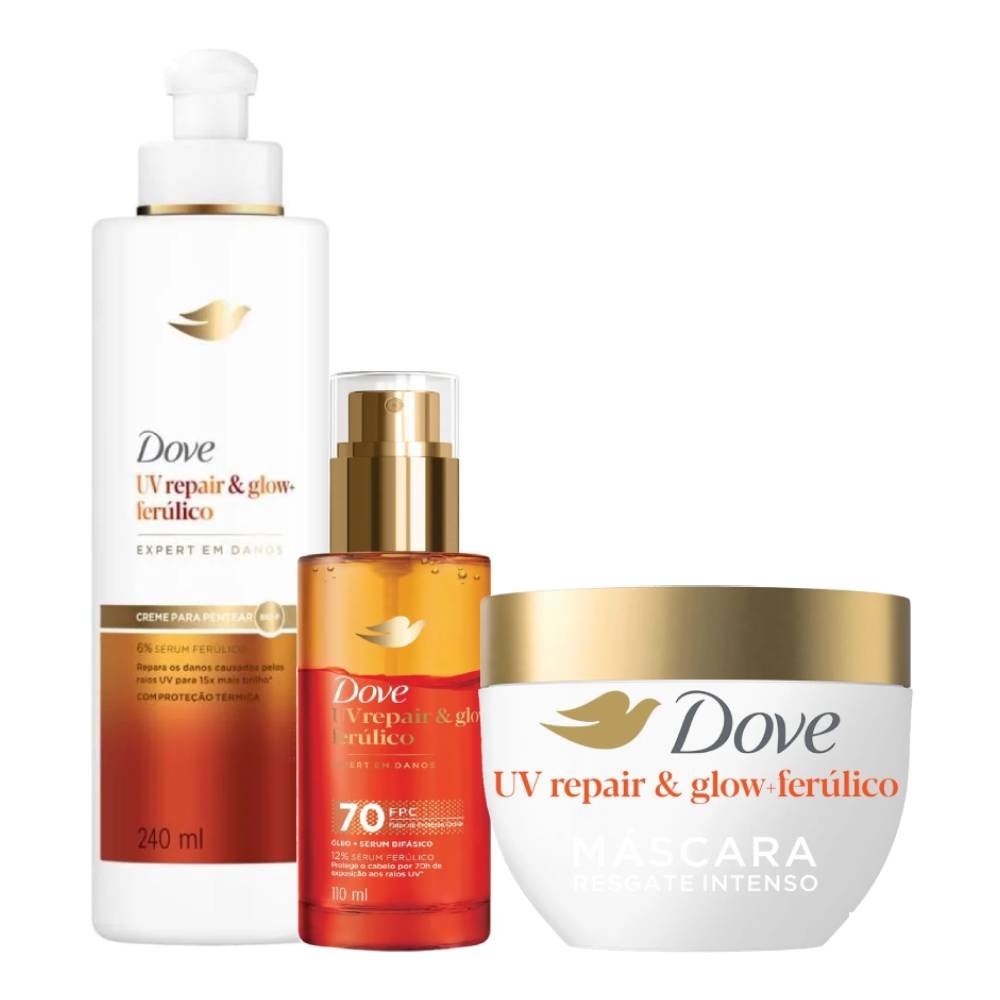 Kit Dove Creme Para Pentear Uv Repair & Glow Ferúlico 240ml + Óleo E Sérum Capilar Bifásico 110ml + Máscara Capilar 250g