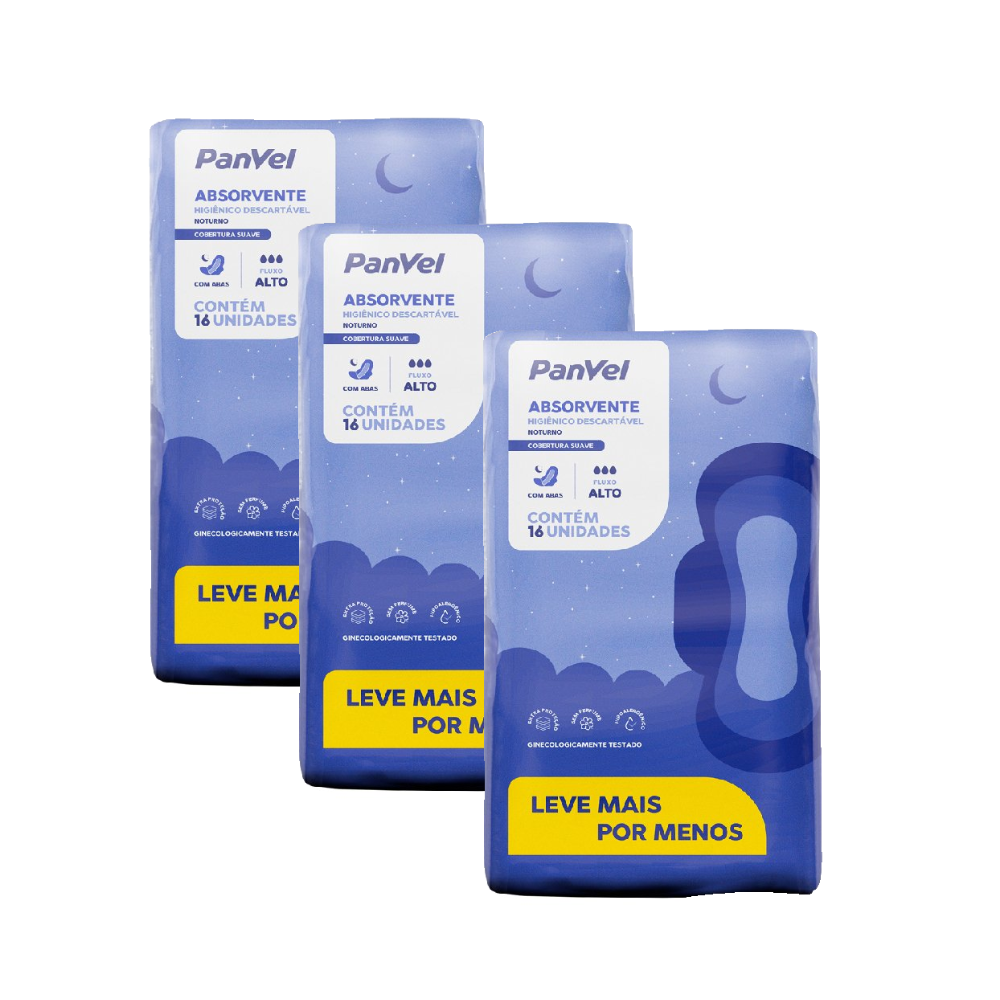 Kit Absorvente Panvel Essencial Noturno Cobertura Suave C/ Abas 16 Unidades - 3 Unidades