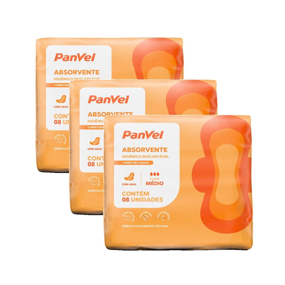 Kit Absorvente Panvel Essencial Cobertura Suave Com Abas 8 Unidades - 3 Unidades