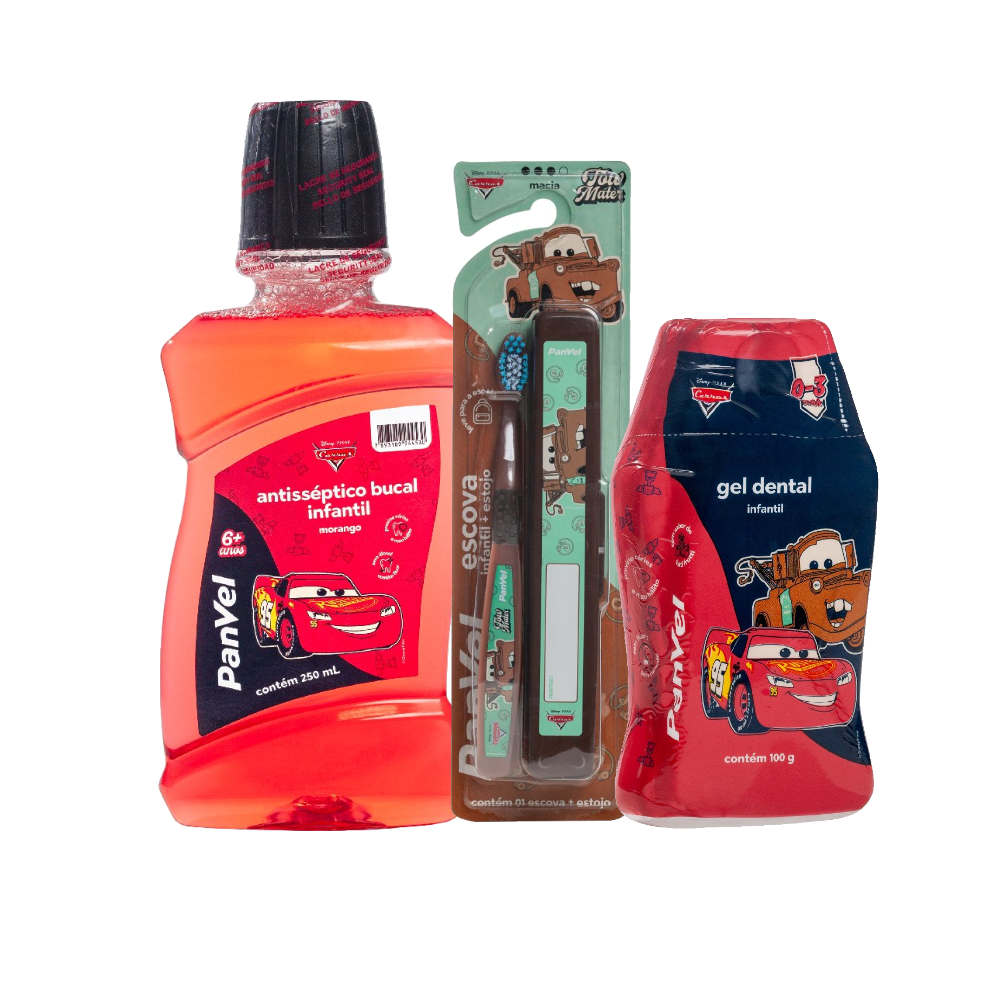 Kit Panvel Enxaguante Infantil Morango Carros Oral 250ml + Escova Dental Infantil Com Estojo Mate Carros Oral + Creme Dental Infantil Em Gel Carros Oral 100g