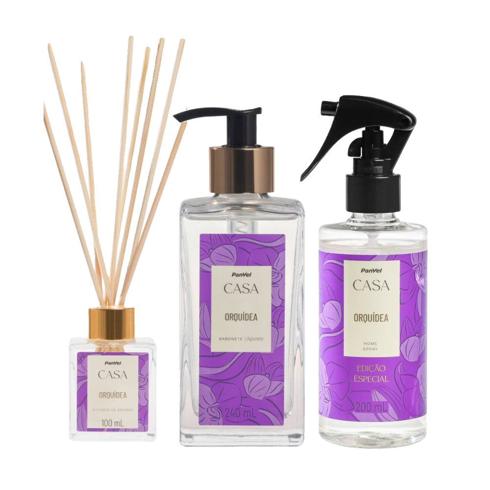 Kit Panvel Casa Difusor De Ambiente Orquídea 100ml + Home Spray 200ml + Sabonete Líquido Para Mãos 240ml