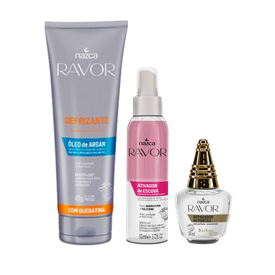 Kit Ravor Ativador De Escova Bifásico 110Ml + Defrizante Óleo De Argan 400G + Reparador De Pontas 30Ml