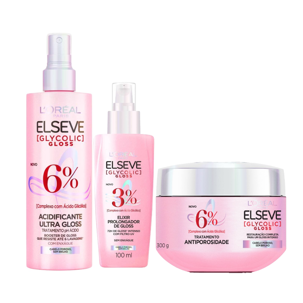 Kit Elseve Acidificante Ultra Gloss Loréal Paris Glycolic Gloss 200ml + Creme De Tratamento 300g + Sérum Capilar 100ml