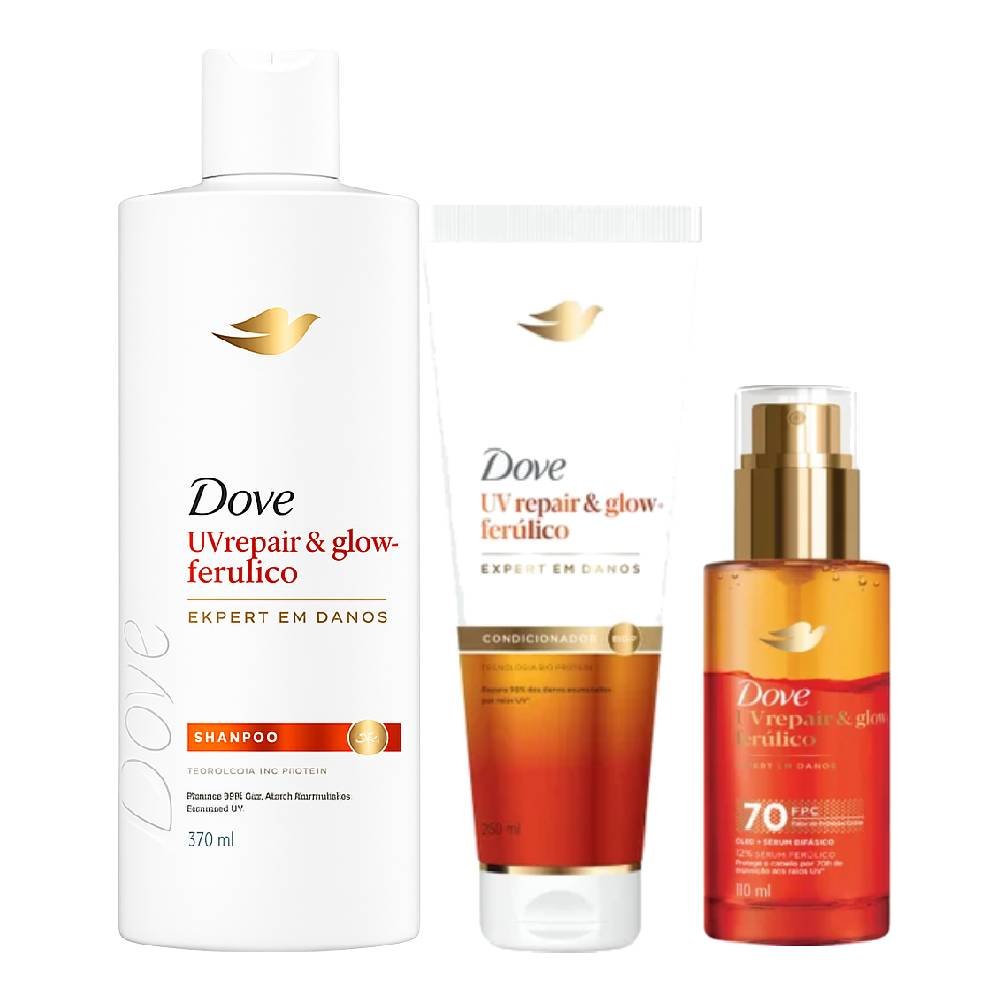 Kit Dove Condicionador Uv Repair Glow Ferúlico 250ml + Shampoo 370ml + Óleo E Sérum Capilar Bifásico 110ml