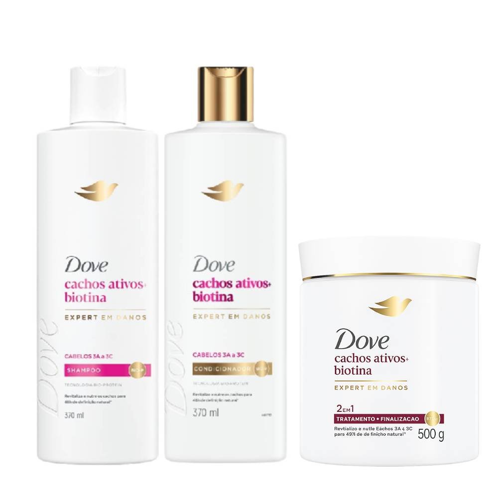 Kit Dove Condicionador Cachos Ativos Biotina 370ml + Shampoo 370ml + Máscara De Tratamento Capilar 500g