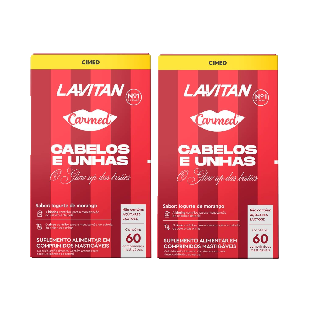 Kit Lavitan Carmed Cabelos E Unhas Iogurte De Morango 60 Comprimidos Mastigáveis - 2 Unidades