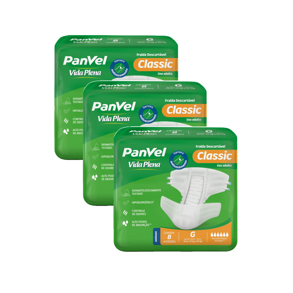 Kit Fralda Adulto Panvel Vida Plena Classic G 8 Unidades - 3 Pacotes