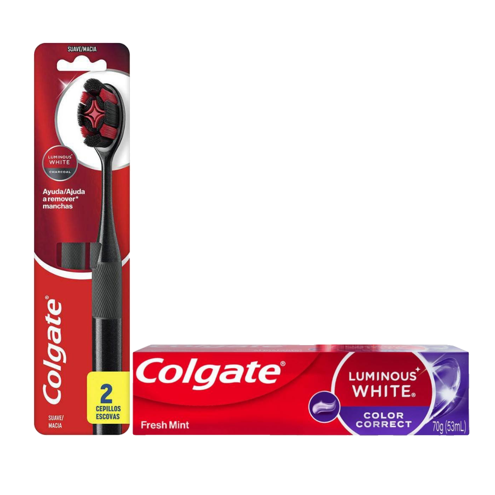 Kit Colgate Escova Dental Luminous White 2 Unidades Grátis Creme Dental Luminous White Color Correct 70g