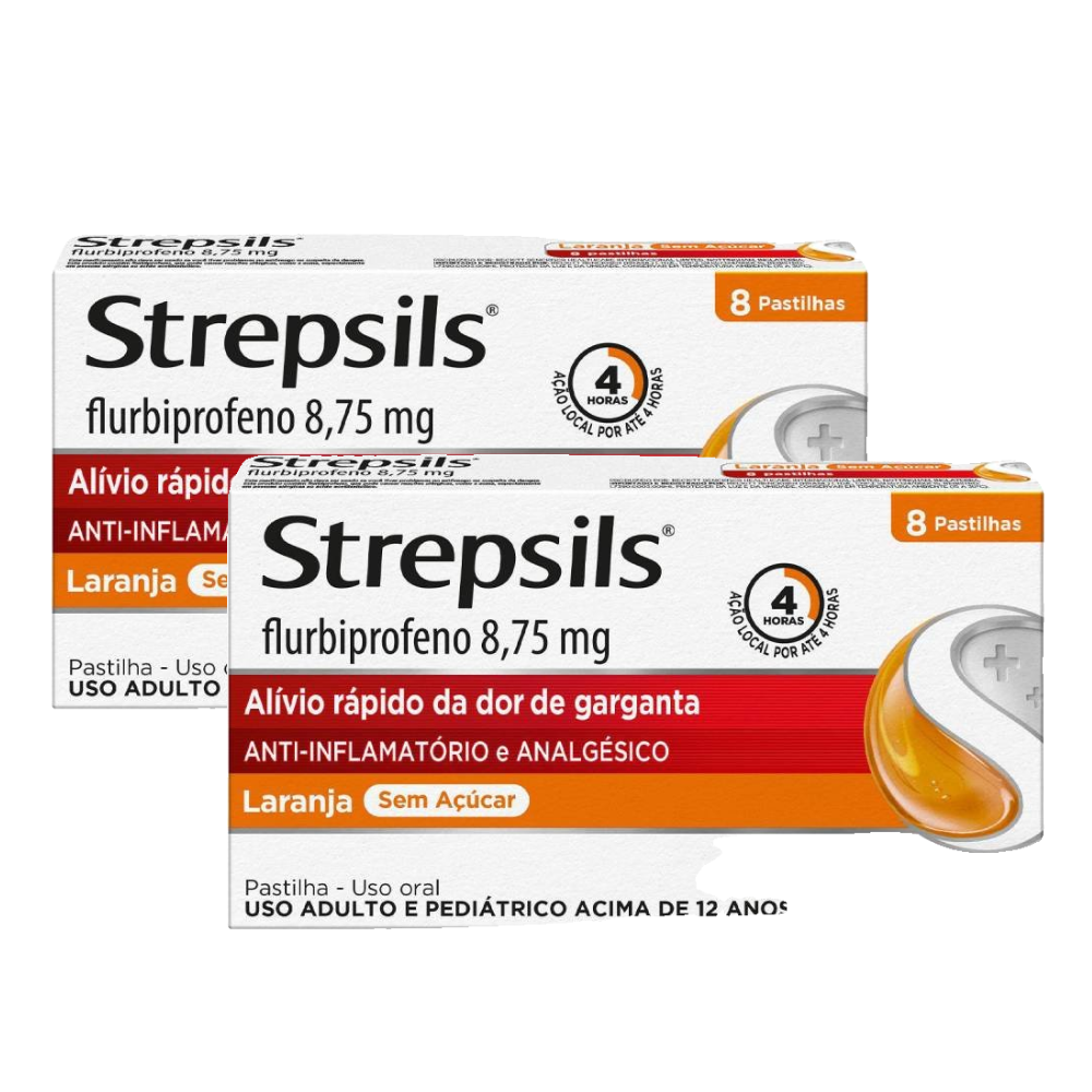 Kit Pastilhas Para Garganta Strepsils Sabor Laranja  Sem Açúcar Caixa 8 Pastilhas 2 Unidades