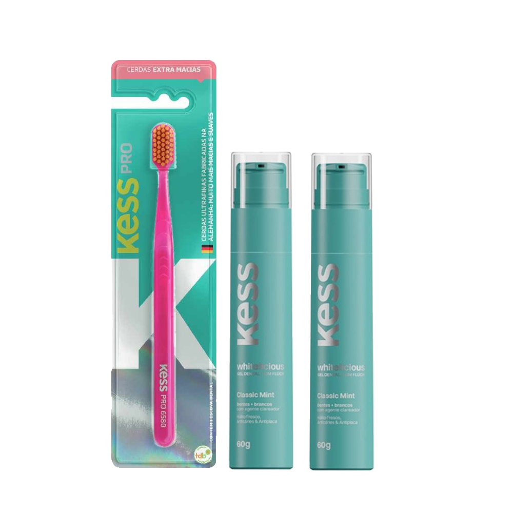 Kit 2 Géis Dentais Kess Whitelicious Classic Mint 60g Grátis Escova Dental Pro Extra Macia Cores Sortidas 1 Unidade