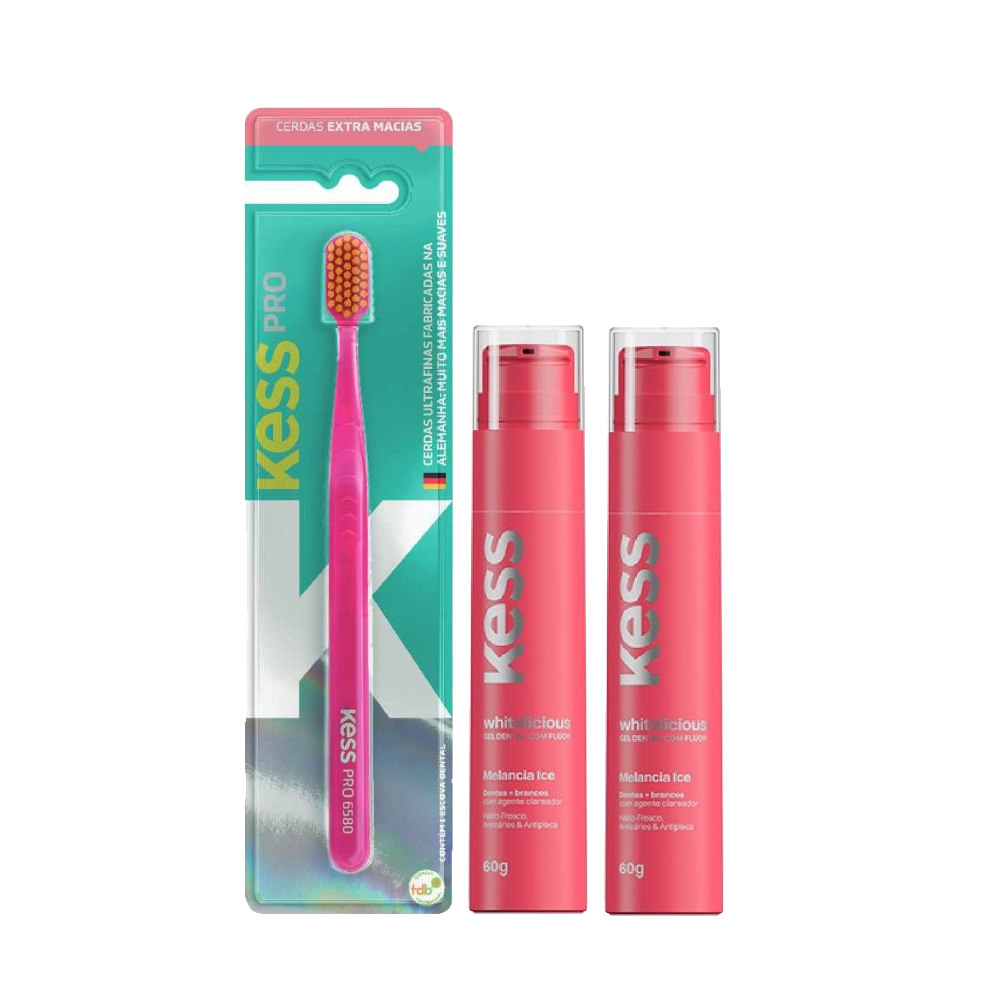 Kit 2 Géis Dentais Kess Whitelicious Melancia Ice 60g Grátis Escova Dental Pro Extra Macia Cores Sortidas 1 Unidade